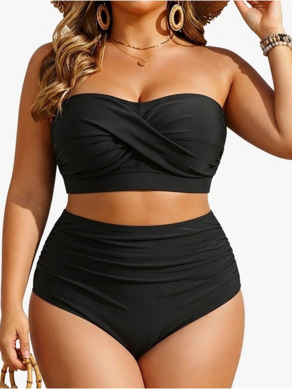 Twist Bandeau High-Waist Bikini in Black